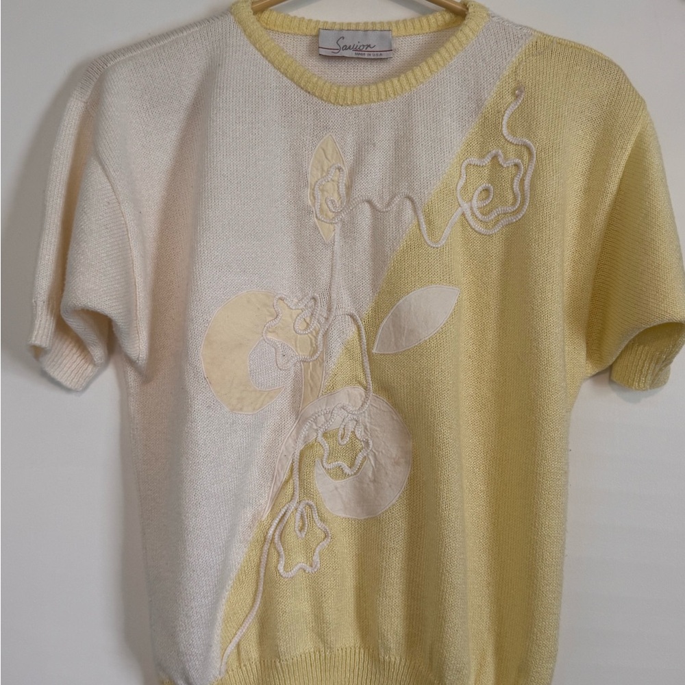 Vintage Savion Floral Appliqué Knit Sweater Top Yellow Cream USA Women’s Sz 6 - Picture 3 of 7